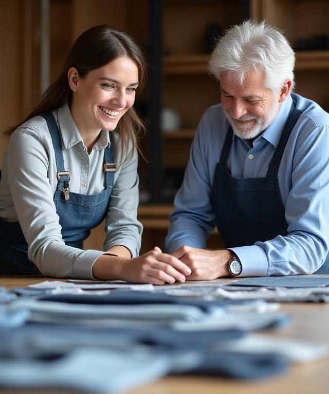 Mentor discussing fabric samples with a founder